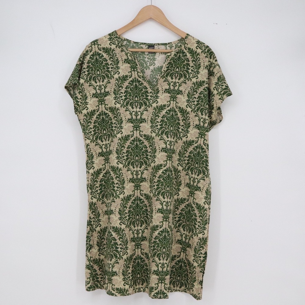 SHEIN Tunic Top Womens L Damask Green Tan V-Neck Short Sleeve Excellent